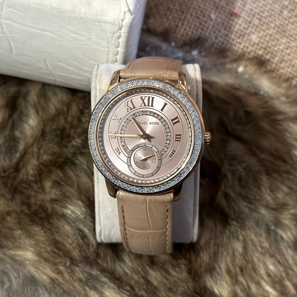 Michael Kors Madelyn Rose Gold PVD Beige Leather Ladies Watch
